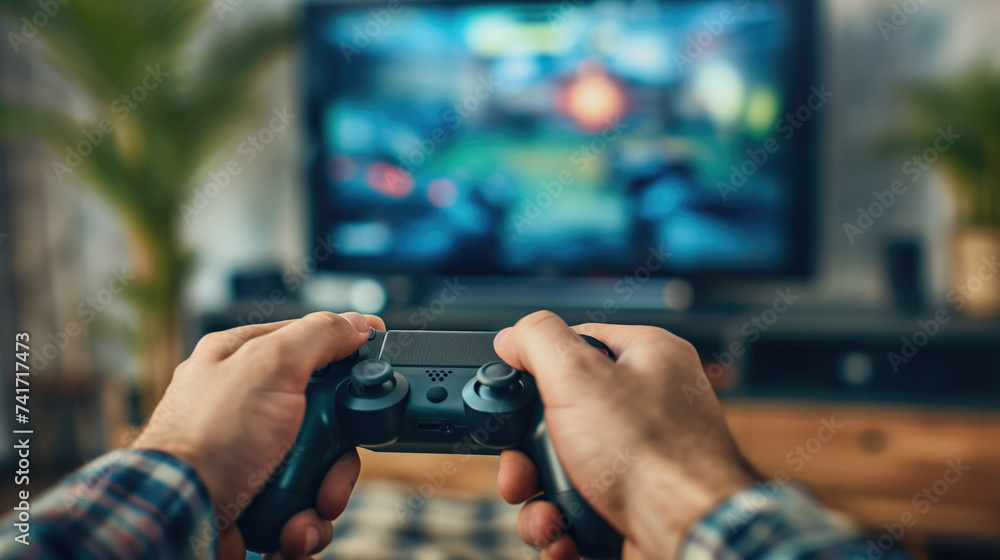 Close-up of a man's hands holding a game controller playing video games at home, A man plays a video game, generative ai
