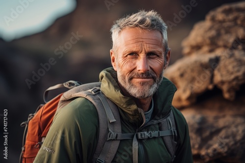 Portrait of senior man with backpack hiking in mountains. Hiking concept.