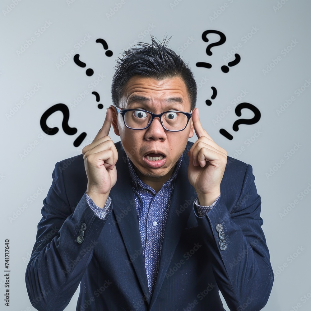 An Asian man wearing a dark blue suit, facial expression, anxiety, irritability, overwhelmed A An Asian man wearing a dark blue suit, facial expression, anxiety, irritability, overwhelmed A