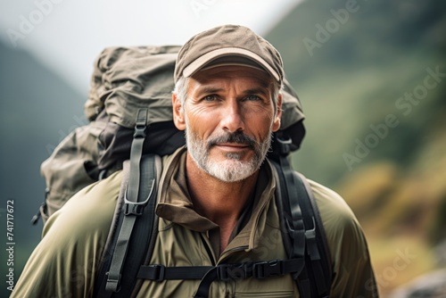 Portrait of a senior man hiking in the mountains. Active senior hiker with backpack.