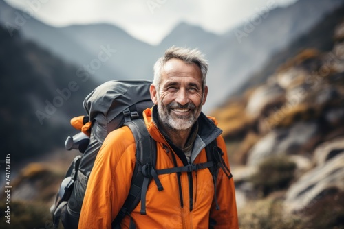 Senior man hiking in Himalayas. Man with backpack and trekking poles.