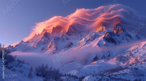 cloud inversion, sharp jagged snowy peaks illuminated by alpen glow from the sun ,generative ai