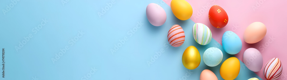Row of Colorful Easter Eggs on Blue and Pink Background