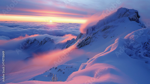 cloud inversion, sharp jagged snowy peaks illuminated by alpen glow from the sun ,generative ai