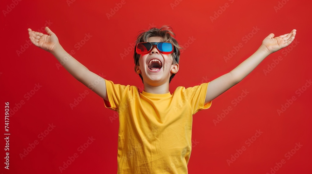 Excited boy with raised arms and an open mouth, standing on a red background in a colorful t-shirt and stylish futuristic eyewear Excited boy with raised arms and an open mouth, standing on a red background in a colorful t-shirt and stylish futuristic eyewear