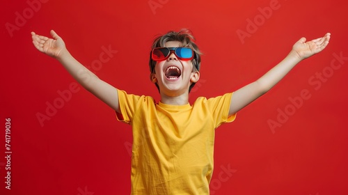 Excited boy with raised arms and an open mouth, standing on a red background in a colorful t-shirt and stylish futuristic eyewear