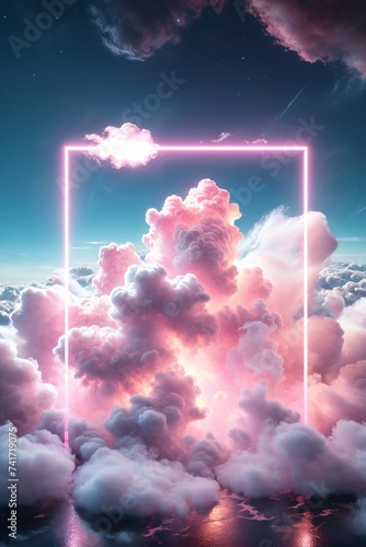 A glowing neon rectangle hovers mystically among fluffy clouds, with a backdrop of a twilight sky.