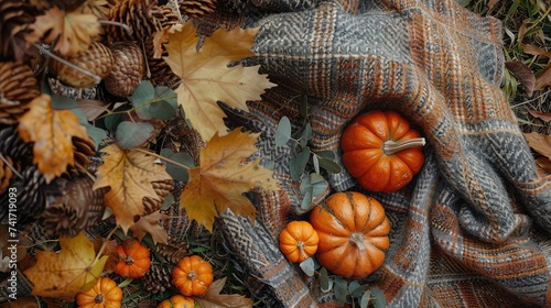 Rustic Autumnal Charm: Inviting Halloween Flatlay Featuring Pumpkins, Leaves, and Warm Blankets.