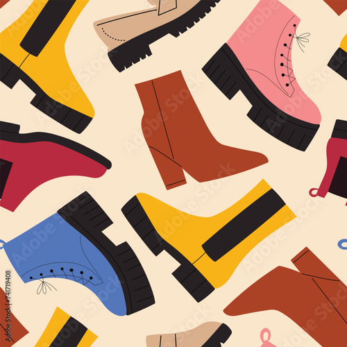 Seamless pattern with colorful shoes and boots, stylish modern footwear. Hand drawn vector illustration