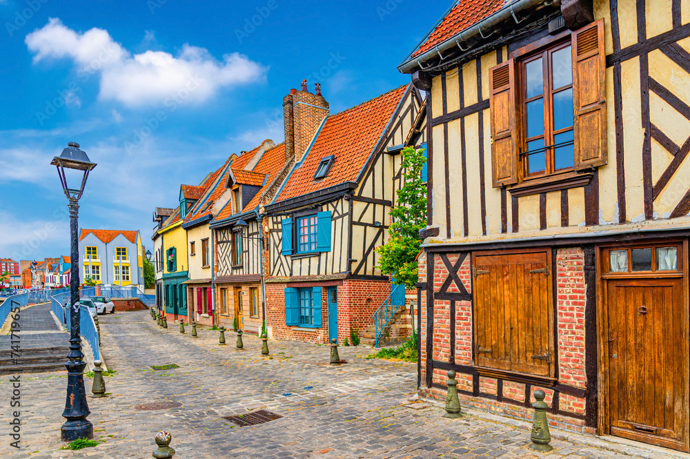 Amiens cityscape old town Saint-Leu quarter with traditional fachwerk houses in historical city centre, typical historical quarter with street light and old buildings, Hauts-de-France Region, France