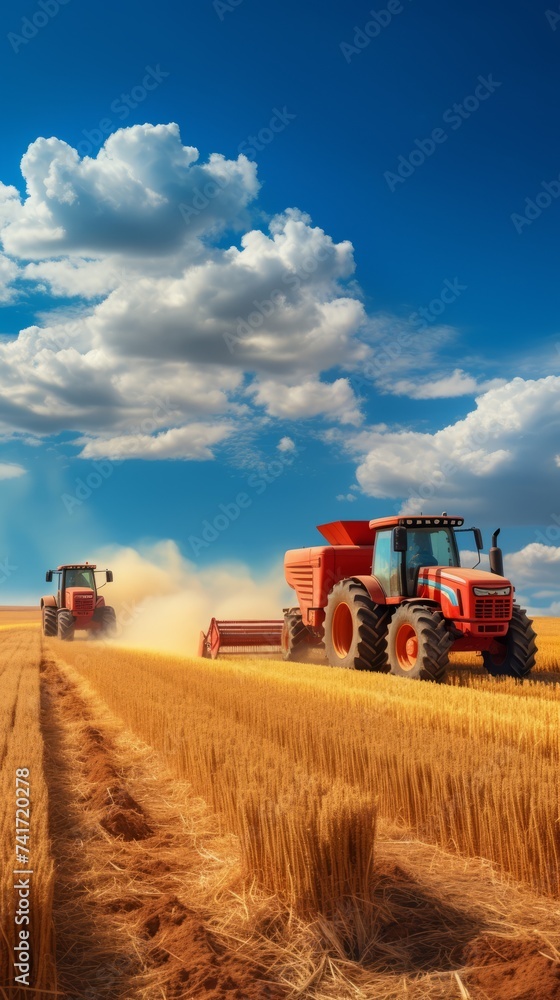 Fototapeta premium Tractors Harvesting Wheat in a Field
