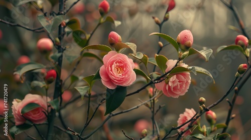In springtime in New Hampshire, Camellia reticulata flowers, buds, and branches. photo