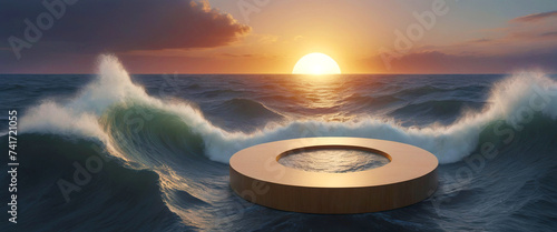 sunset over sea, podium background for product on the ocean waves, Generative AI © Jelena Rose