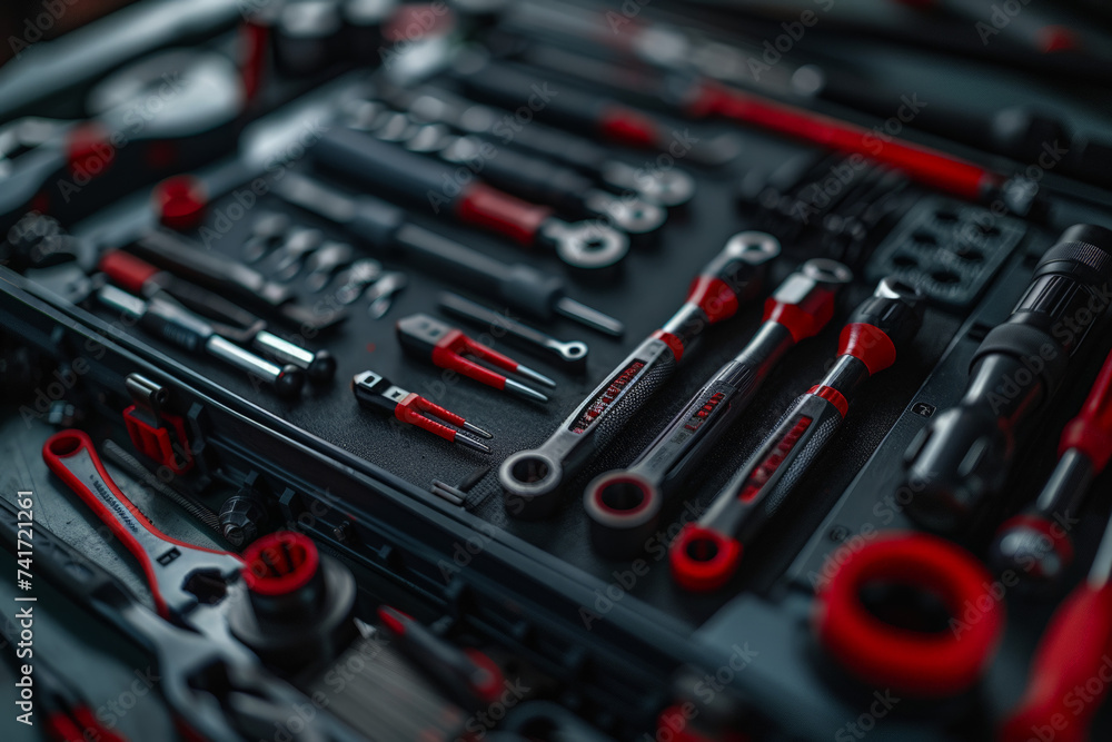 Precision and Organization: A Professional's Toolkit Arrayed in a Workshop Drawer Precision and Organization: A Professional's Toolkit Arrayed in a Workshop Drawer
