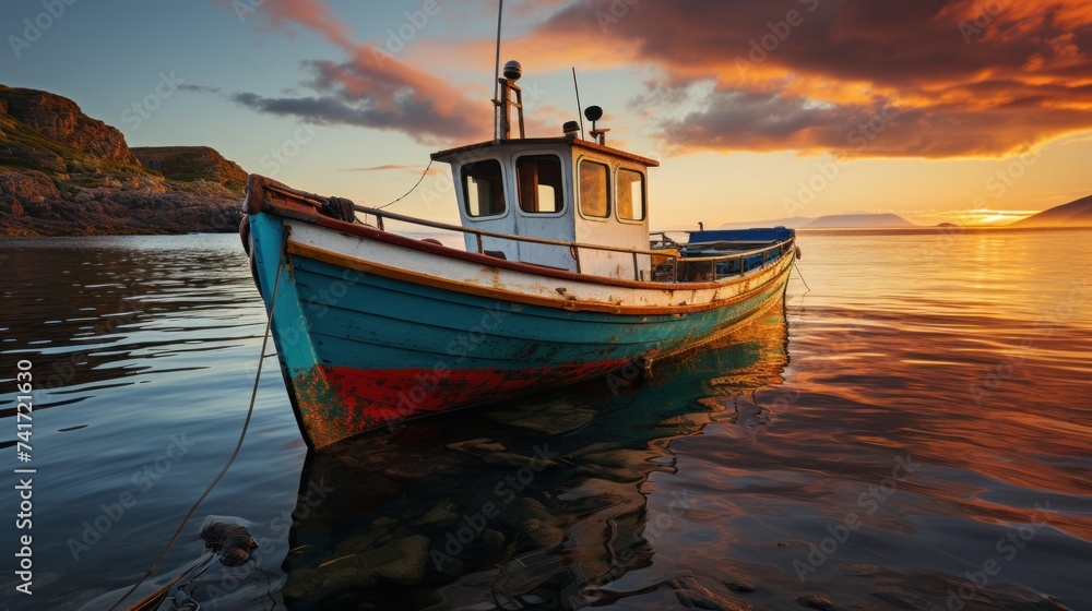 Fishing boat in the bay at sunset. Landscape with a fishing boat.