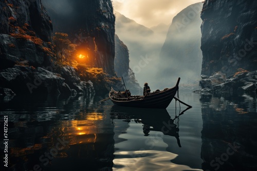 Fisherman in a boat on the river with fog and mountains