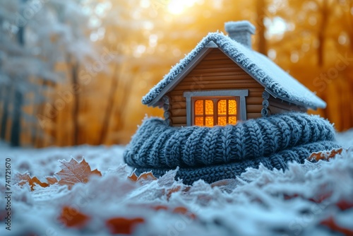 As snow blankets the outdoor landscape, a small house stands bravely adorned in a cozy scarf, sheltered by a towering tree in the midst of the cold winter photo