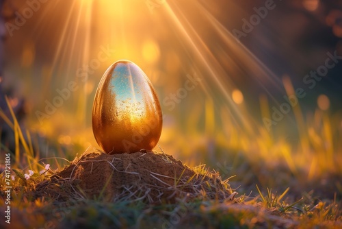 A golden Easter egg sitting atop a small mound of earth, with rays of sunrise creating a halo effect around it. photo