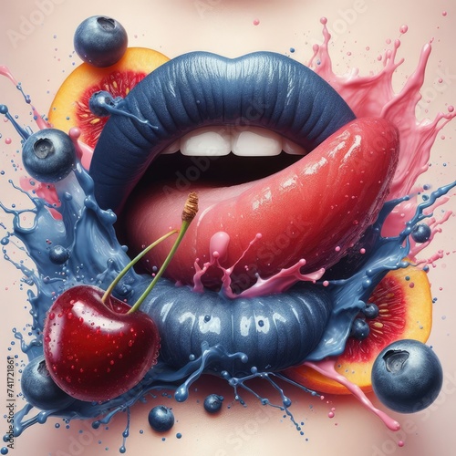 Seductive Symphony: Wild Cherry and Peach Lips in Bluesy Harmony photo