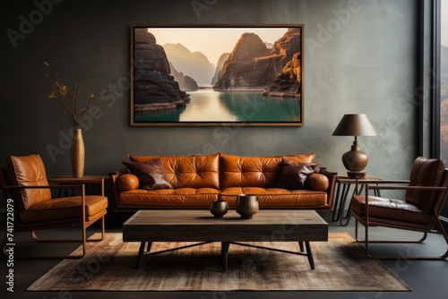 Interior of modern living room with brown sofa, coffee table and pictures on wall