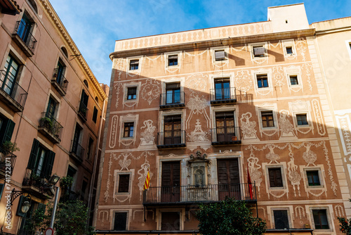 Facade of an old ornate building with frescoes at Plaza del Pi, Gothic Quarter, Barcelona, Catalonia, Spain, Europe