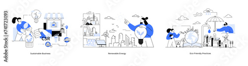 Sustainable business renewable energy eco-friendly practices. Metaphor set. Sustainable economic growth with renewable energy and natural resources. Circular economy. ESG green energy and industry set