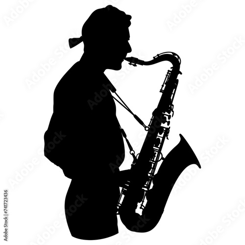 silhouette saxophonist in perform black color only
