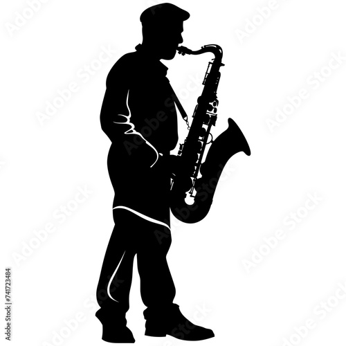 silhouette saxophonist in perform black color only