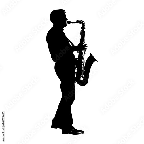 silhouette saxophonist in perform black color only