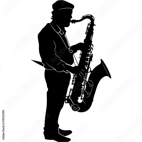 silhouette saxophonist in perform black color only