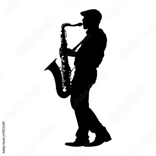 silhouette saxophonist in perform black color only