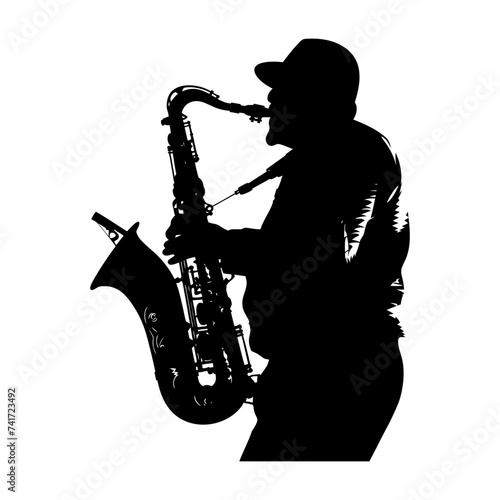 silhouette saxophonist in perform black color only
