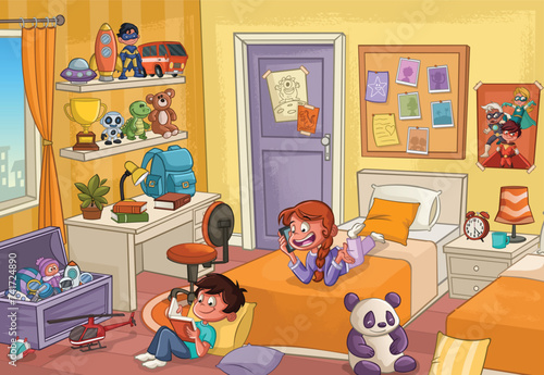 Children bedroom with toys. Cartoon boy reading book. Girl talking on smart phone.   © denis_pc