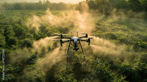 Agricultural drones work on rice fields and emit water vapor.