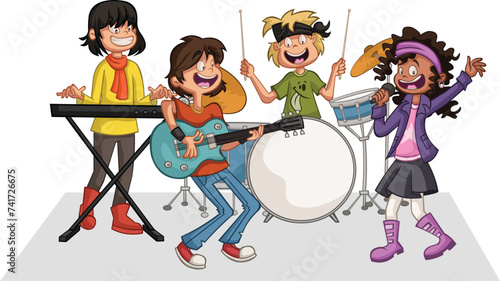 Cartoon teenagers playing on a rock'n'roll band  © denis_pc