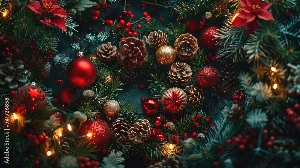 Vibrant Christmas Flatlay Showcasing Twinkling Lights, Evergreen Wreaths, and Festive Ornaments.