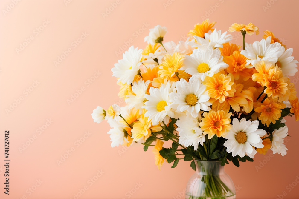 Close-up bouquet of daisies close up in a vase on a beige background, copy space