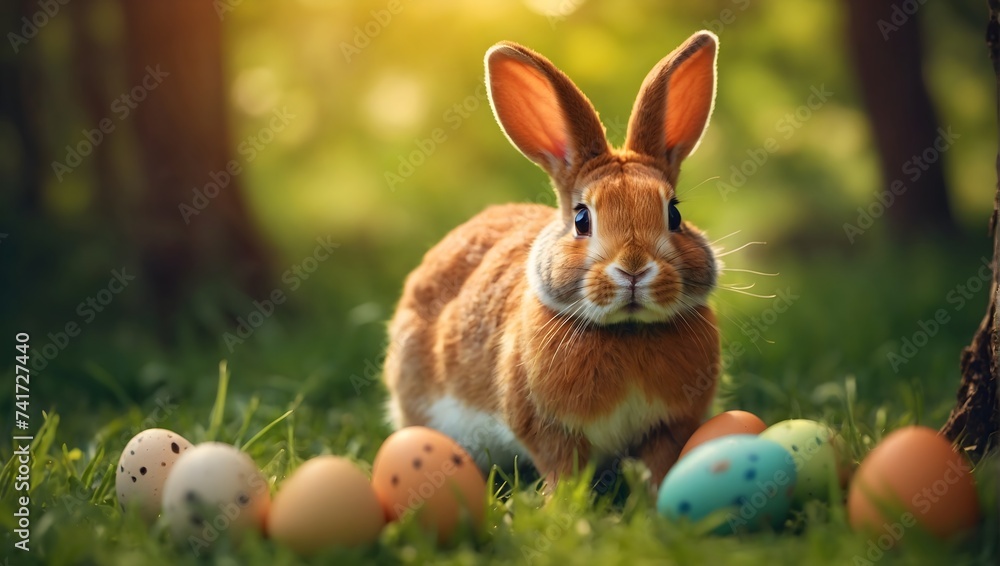 Easter bunny and easter eggs on green grass with blurred green background in forest. Easter greeting card. Easter bunny and easter eggs on green grass with blurred green background in forest. Easter greeting card.