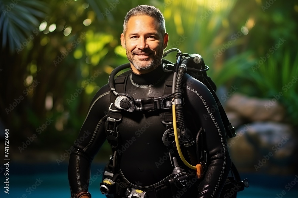 Portrait of a happy mature man with scuba gear looking at camera