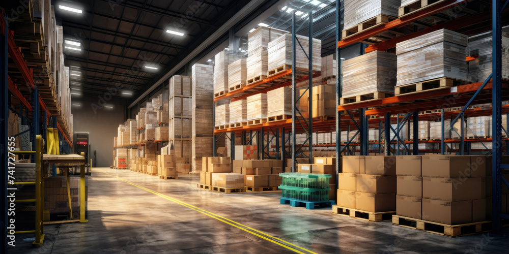 Busy Warehouse With Boxes and Pallets