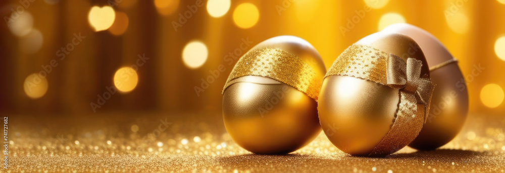 Fototapeta premium Banner with deluxe gold Easter eggs and satin ribbons with gold glitter with space for text on festive background. Bright easter, holiday marketing, banner copyspace, postcard