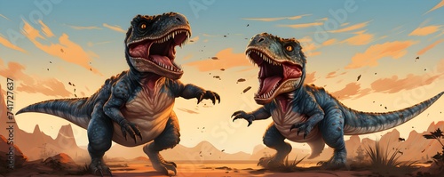 Baby velociraptors playing and pouncing in an adorable rambunctious game together. Concept Dinosaur, Playful, Babies, Rambunctious Game, Adorable photo