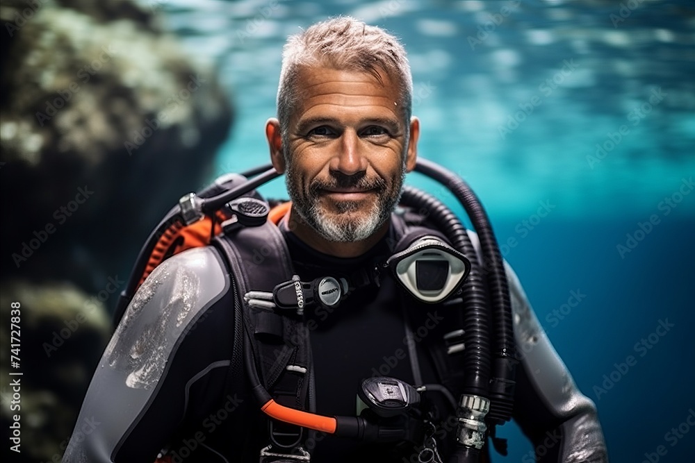 Portrait of a senior male scuba diver looking at the camera Portrait of a senior male scuba diver looking at the camera