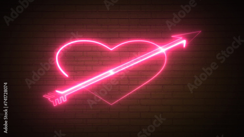 Valentines day neon ,ledlight pink glowing heart with arrow with greed background. photo