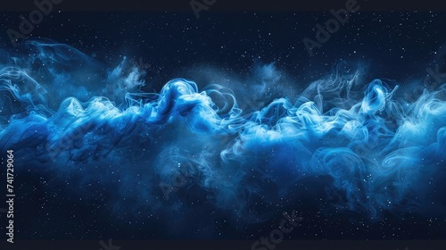 Mesmerizing Ballet of Vibrant Blue Smoke Against Inky Black Background, Infusing Ethereal Beauty and Intrigue. Abstract background