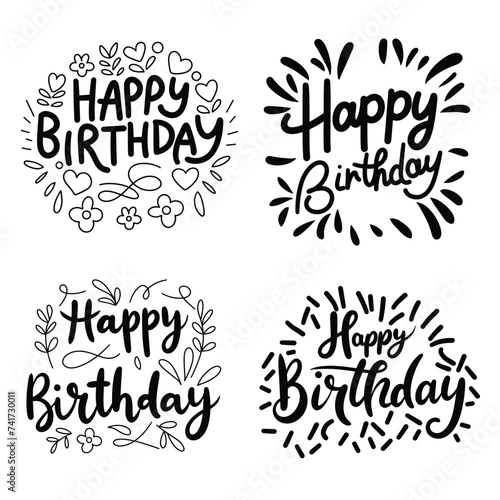 Collection Happy Birthday inscriptions. Text banner Happy Birthday set. Hand drawn vector art. 