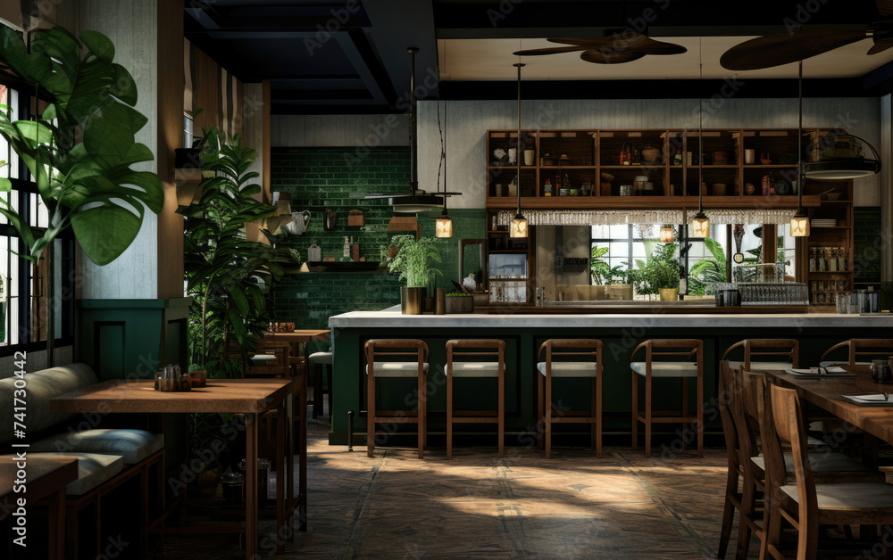 Dimly Lit Restaurant With Green Walls and Wooden Tables
