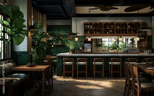 Dimly Lit Restaurant With Green Walls and Wooden Tables