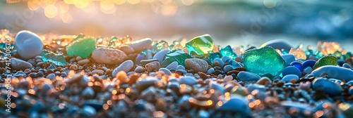 Trendy colorful small sea stone pebble background. Colorful gemstones crystal pebbles on beach. Multicolored abstract beach nature pattern