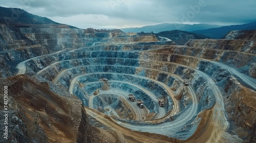 Magnificent Scenes of Open-Pit Mining, Showcasing Herculean Excavators and Sprawling Landscapes. photo